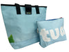 shopping bag with clutch publicity banner light blue