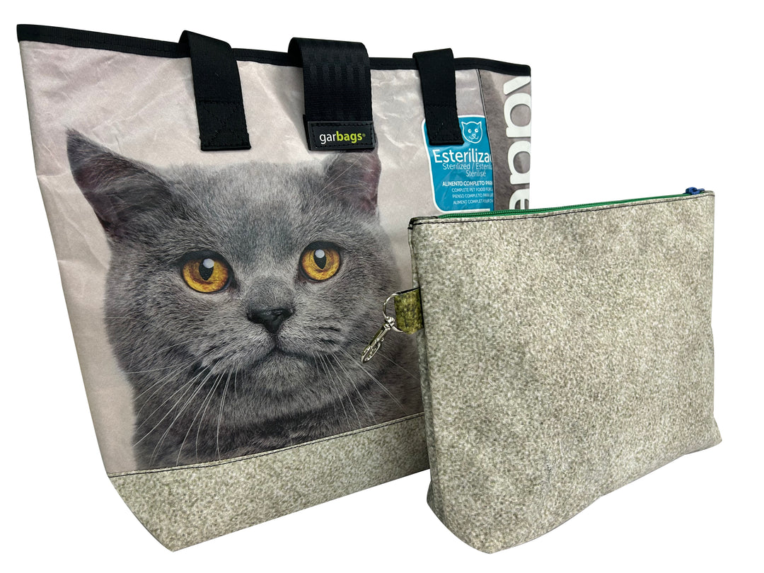 shopping bag with clutch pet food package grey cat