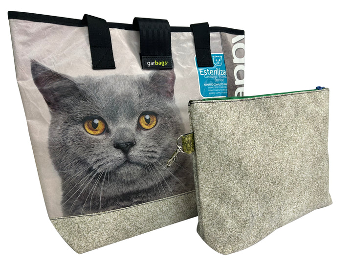 shopping bag with clutch pet food package grey cat