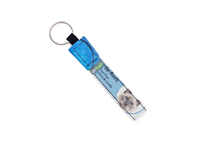 key holder cat food package blue & white