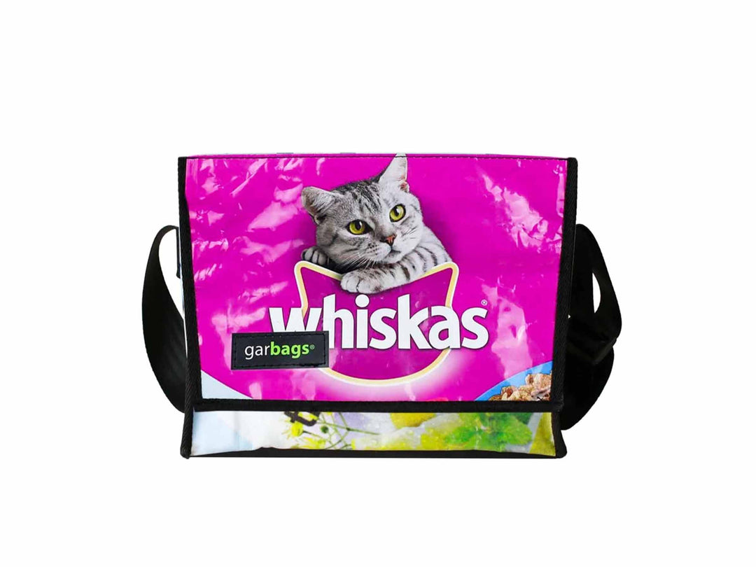 messenger bag M cat food package pink & blue