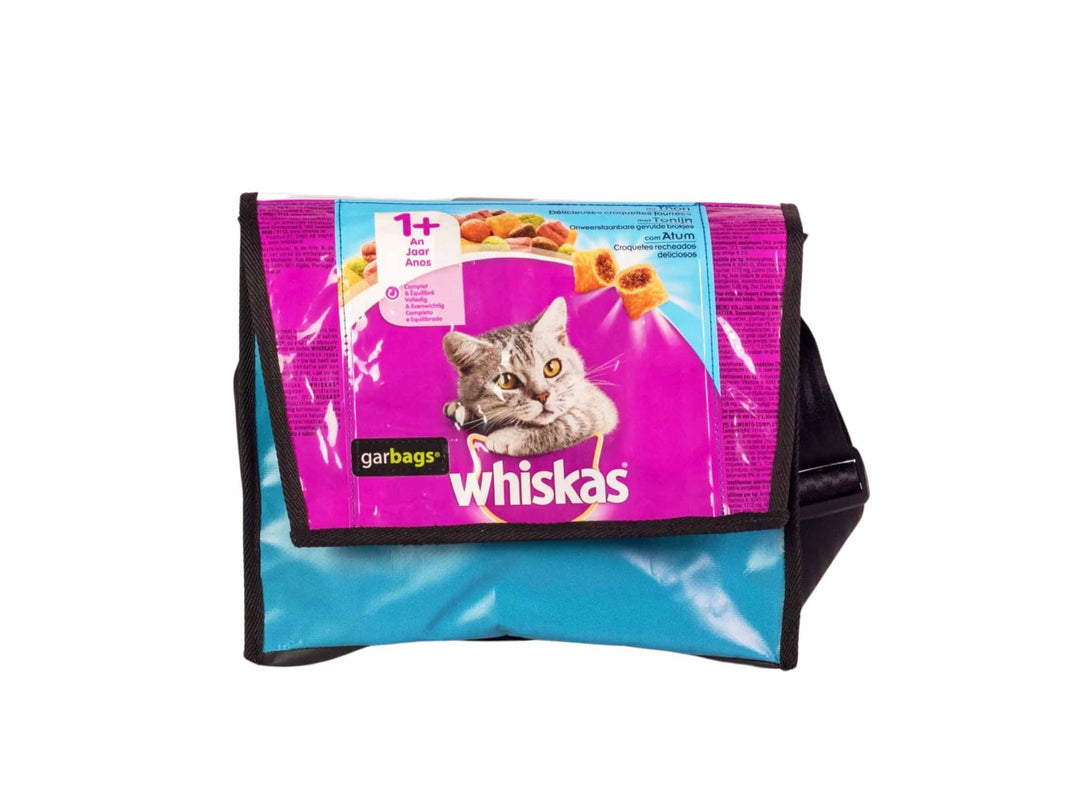 messenger bag M cat food package pink & blue
