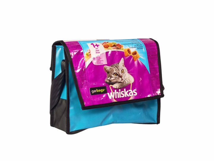 messenger bag M cat food package pink & blue