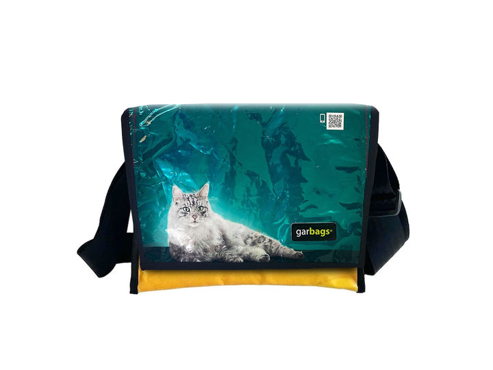 messenger bag M cat food packages blue & yellow