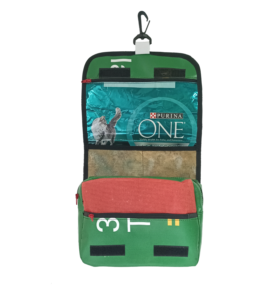 toiletry bag pet food package green & grey cat