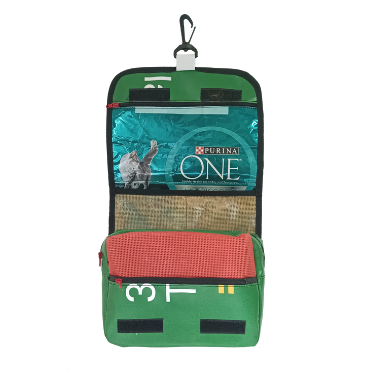 toiletry bag pet food package green & grey cat