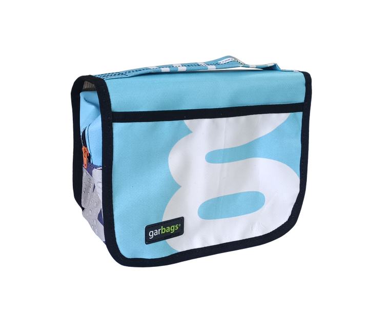 toiletry bag publicity banner blue & white letters