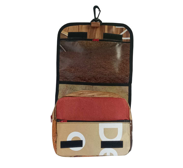 toiletry bag publicity banner brown earth tones