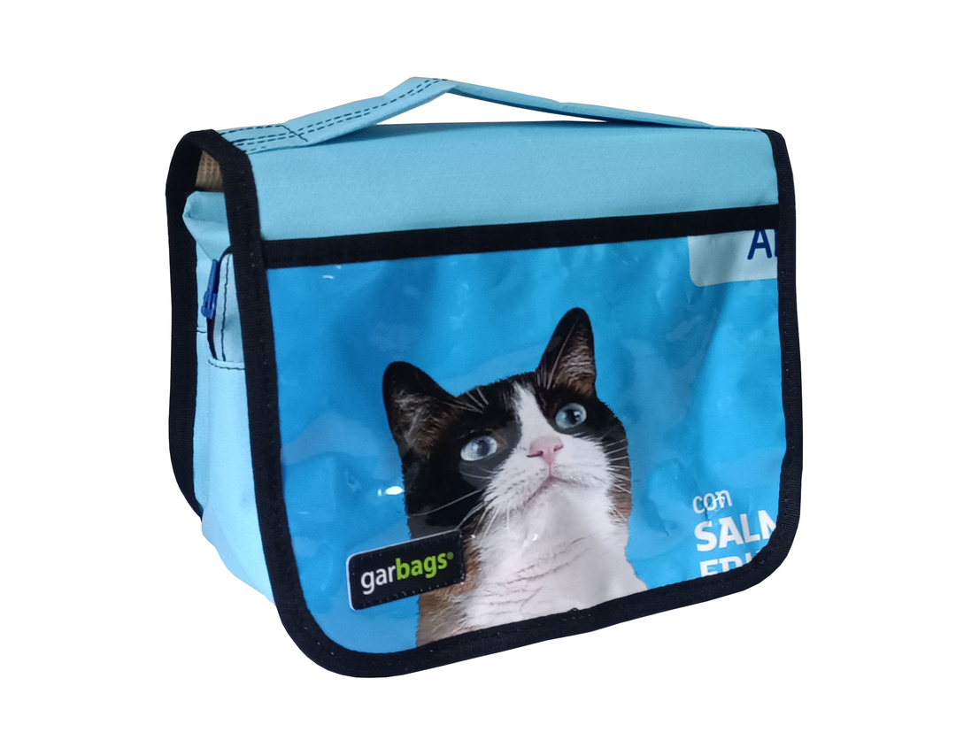 toiletry bag pet food package blue & black and white cat