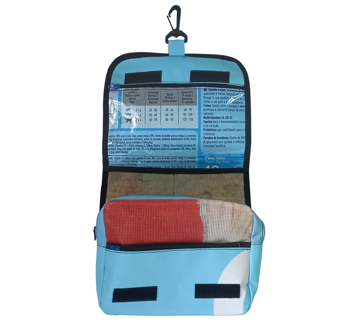 toiletry bag pet food package blue & black and white cat