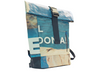 backpack urban publicity banner blue & white letters
