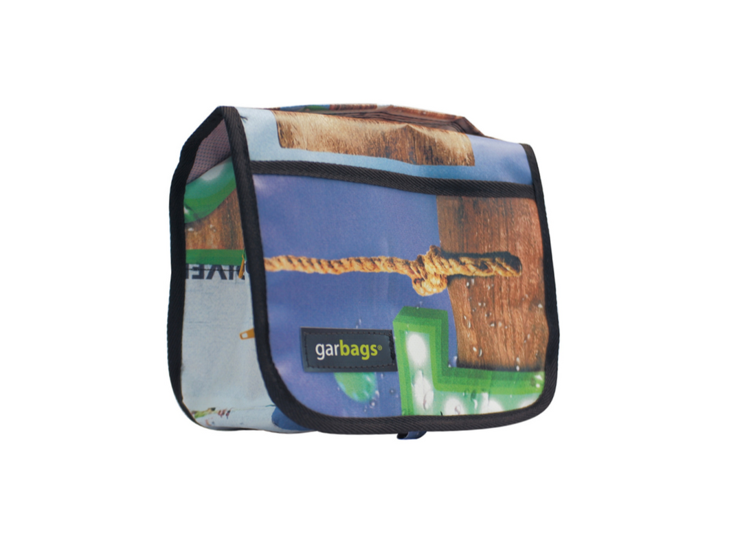 toiletry bag publicity banner brown & blue
