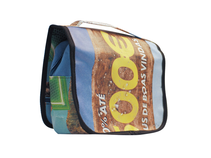 toiletry bag publicity banner brown & blue