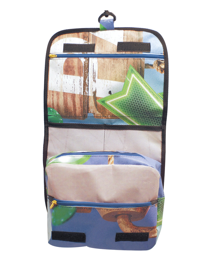 toiletry bag publicity banner brown & blue