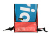 backpack publicity banner blue & white letters