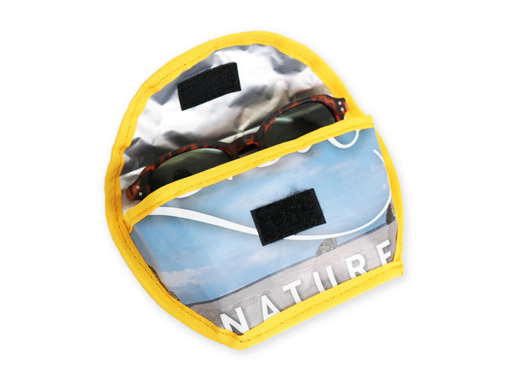 sunglasses case cat food package shiny yellow & blue