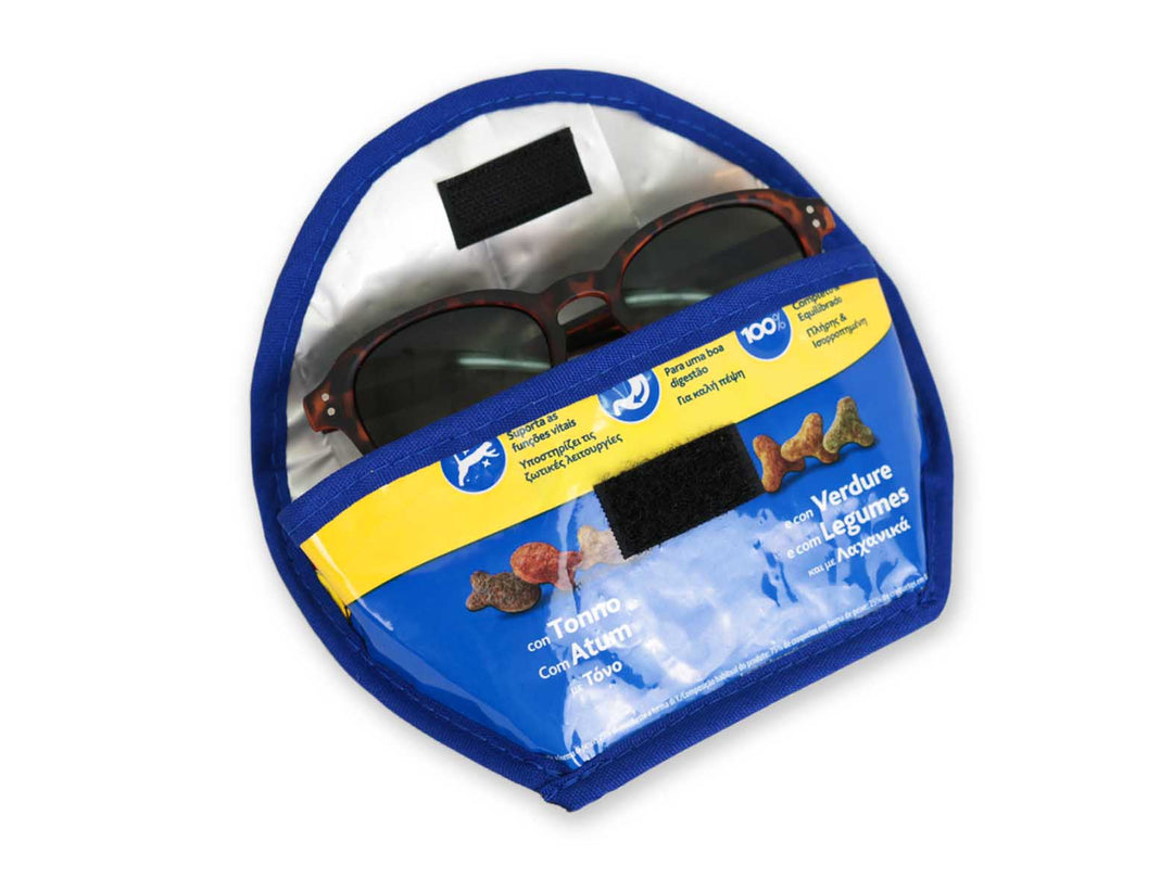 sunglasses case cat food package yellow & blue